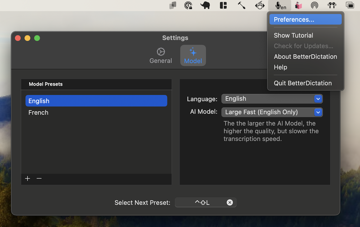 Change the language in the settings menu