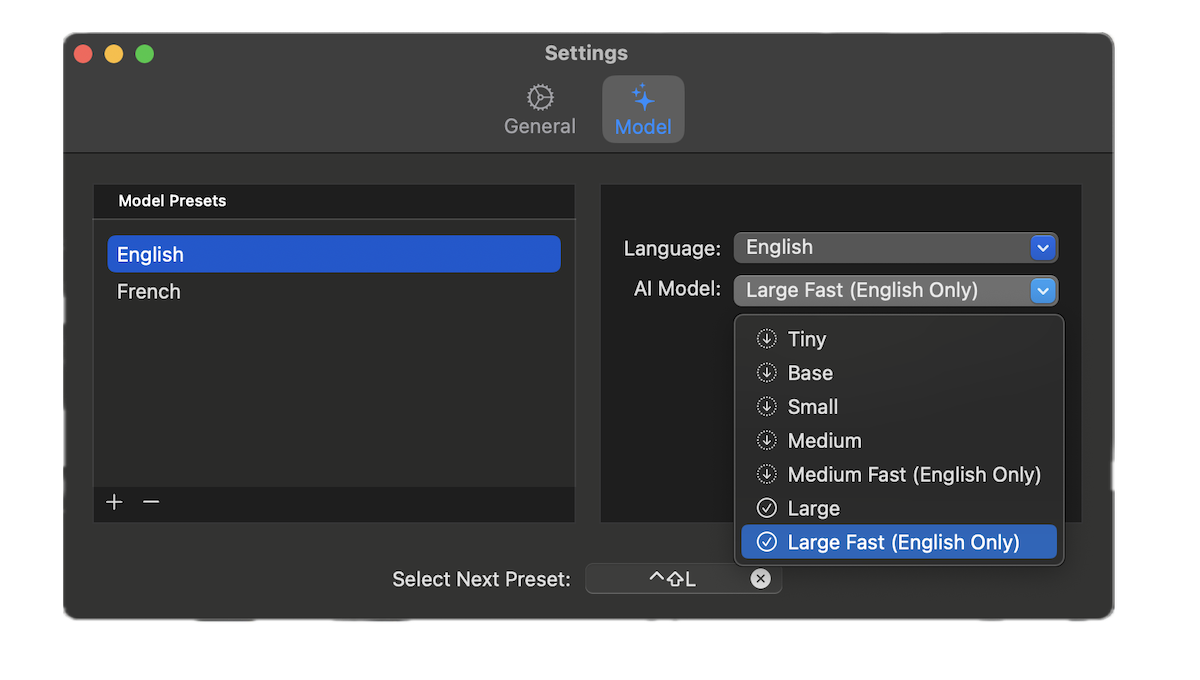 Select a larger model for better transcription quality